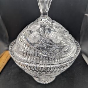 VINTAGE CRYSTAL COVERED CANDY BOWL SATIN FLOWERS DESIGN.